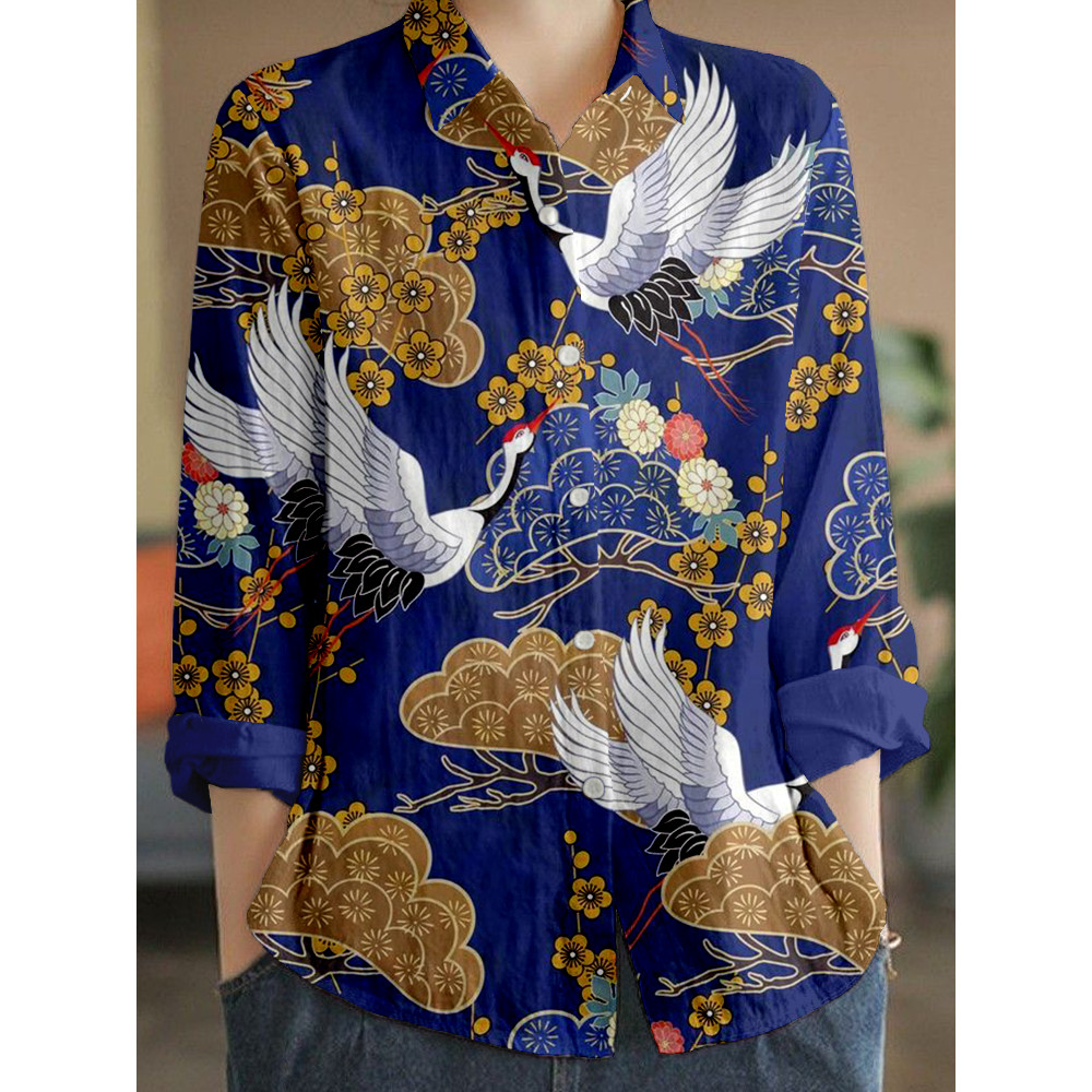 Vintage Japanese Cranes Pattern Linen Blend Blouse