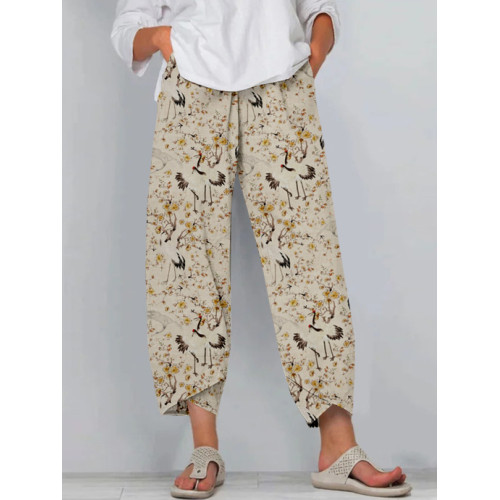 Vintage Japanese Cranes and Flowers Art Cropped Casual Pants