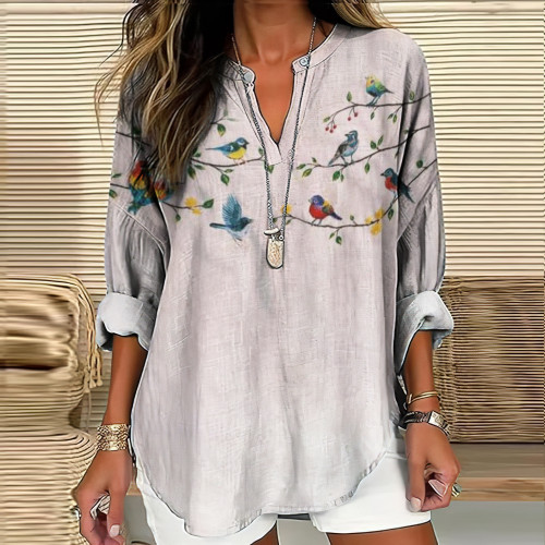 Vintage Japanese Embroidery Floral And Bird Art Print Casual Shirt