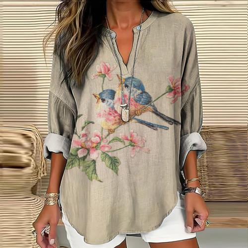 Vintage Japanese Floral And Bird Embroidery Art Print Casual Shirt