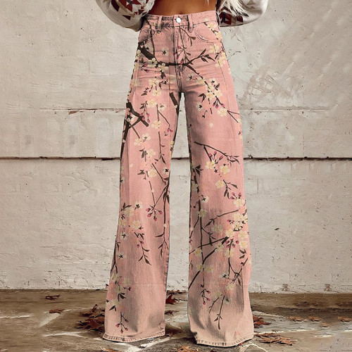 Vintage Japanese Floral Art Casual Wide Leg Jeans