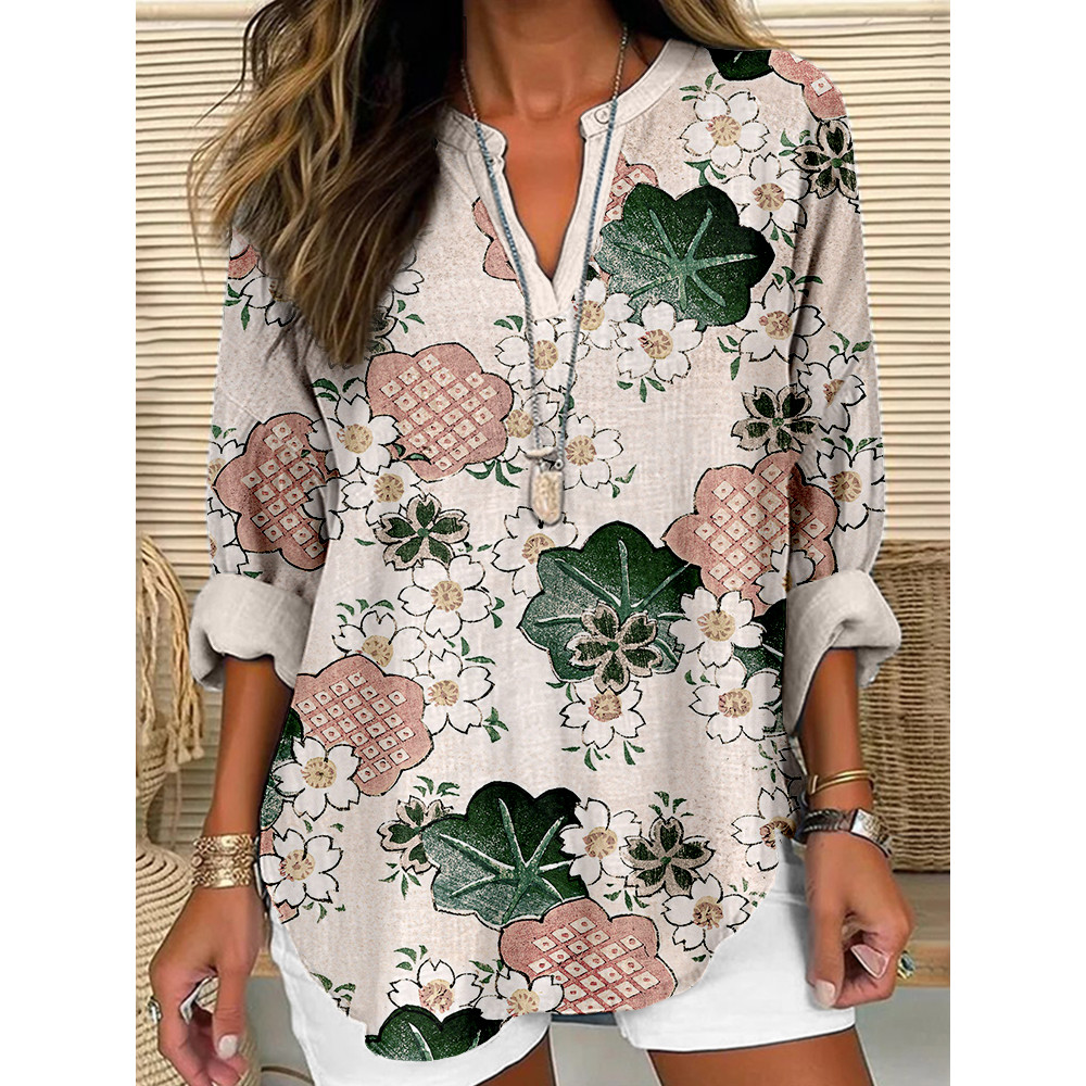 Vintage Japanese Floral Art Linen Blend Cozy Shirt