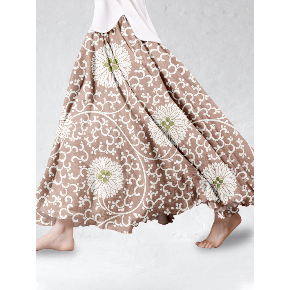 Vintage Japanese Floral Art Linen Blend Flowy Wide Skirt