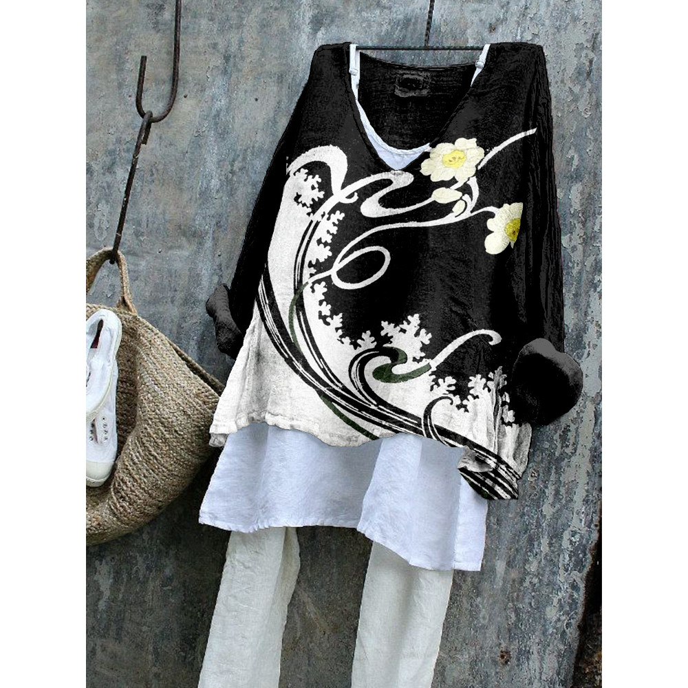 Vintage Japanese Floral Art Linen Blend Tunic