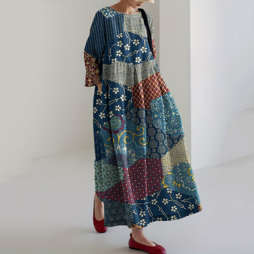 Vintage Japanese Floral Art Patch Printed Casual Midi Dress