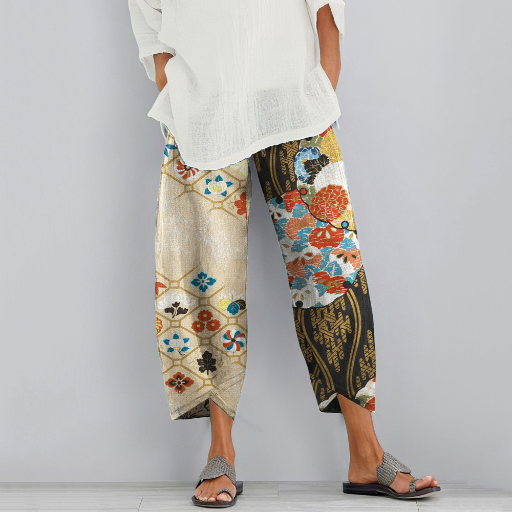 Vintage Japanese Floral Art Patch Printed Casual Pants