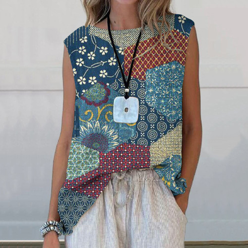 Vintage Japanese Floral Art Patch Printed Casual Sleeveless Top