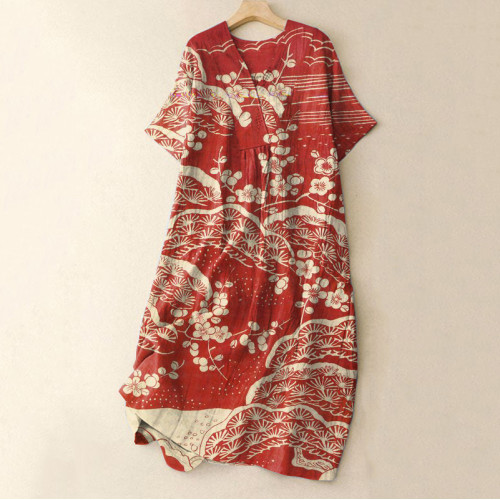 Vintage Japanese Floral Art Printed Casual Midi Dress