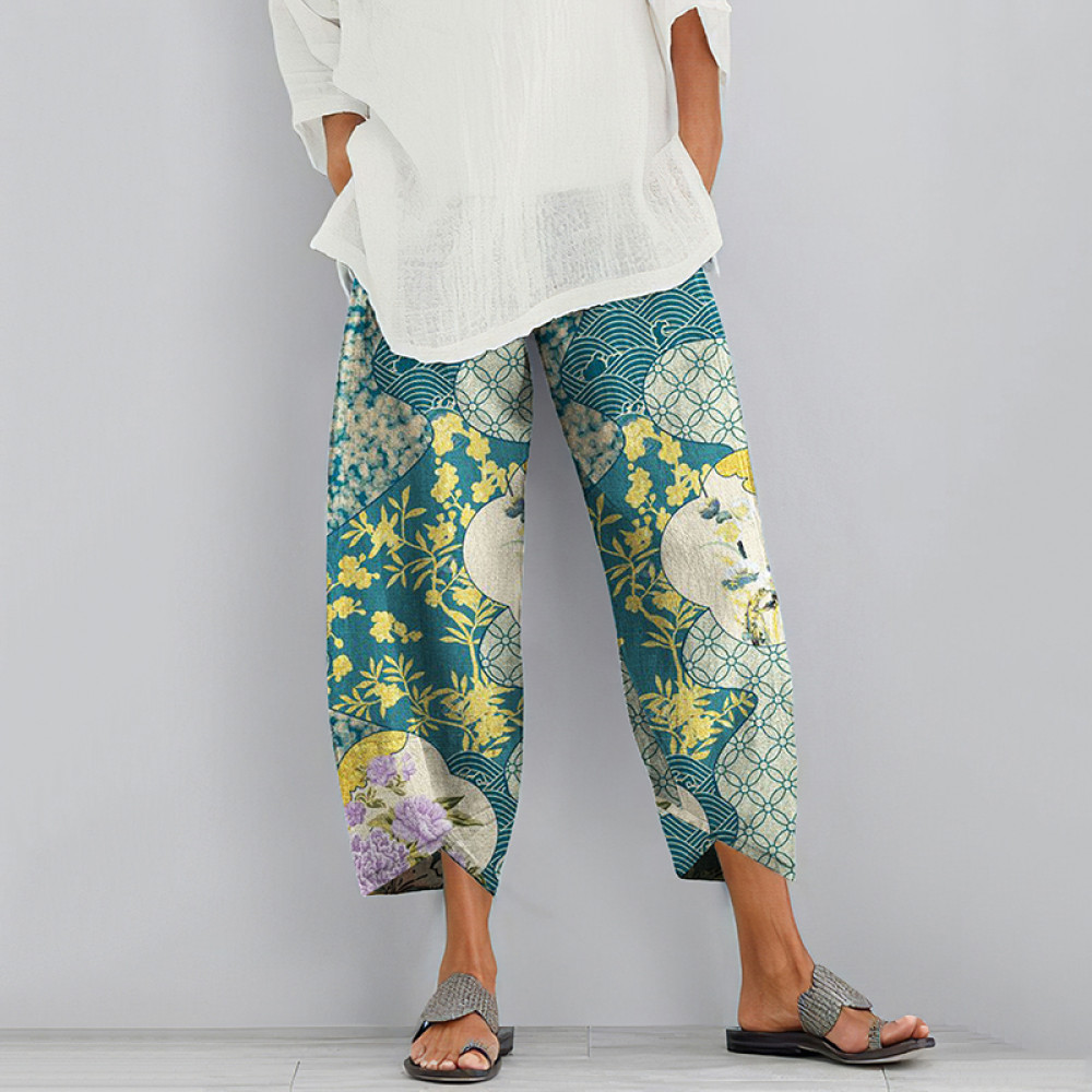 Vintage Japanese Floral Art Printed Casual Pants