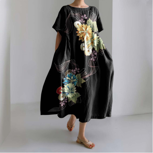 Vintage Japanese Floral Art Printed Linen Blend Midi Dress