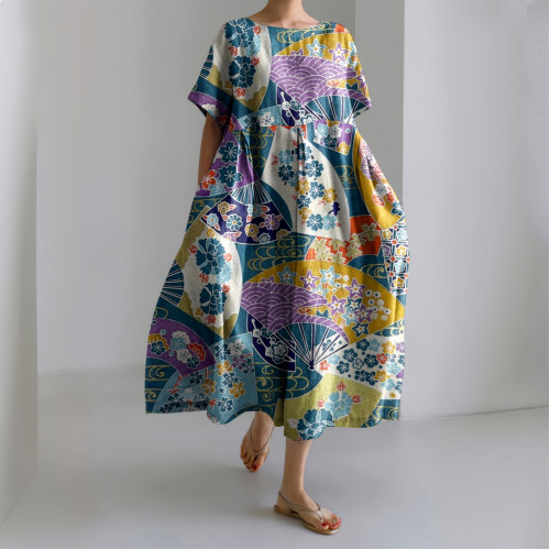 Vintage Japanese Floral Fan Printed Casual Midi Dress
