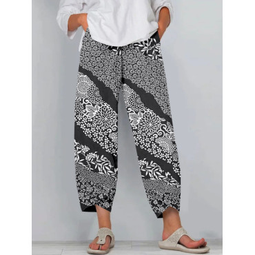 Vintage Japanese Floral Pattern Cropped Casual Pants