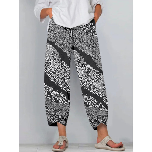 Vintage Japanese Floral Pattern Cropped Casual Pants