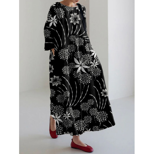 Vintage Japanese Floral Pattern Linen Blend Maxi Dress