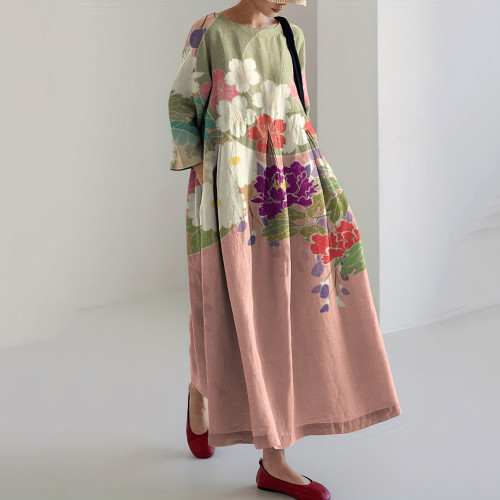Vintage Japanese Floral Printed Casual Midi Dress