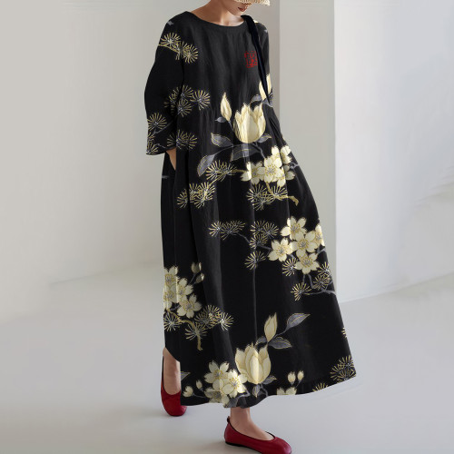 Vintage Japanese Flower Art  Casual Midi Dress