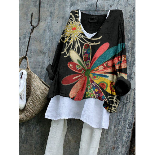 Vintage Japanese Flower Art Linen Blend Flowy Tunic