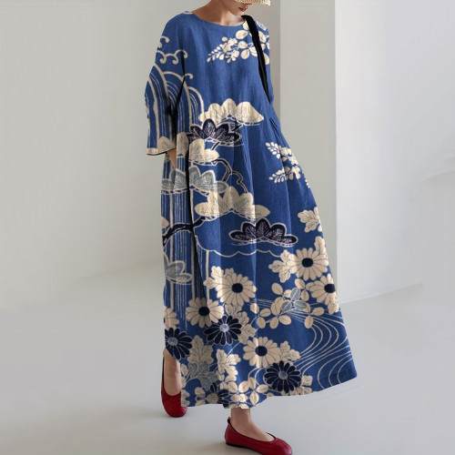 Vintage Japanese Flower Art Print Casual Midi Dress