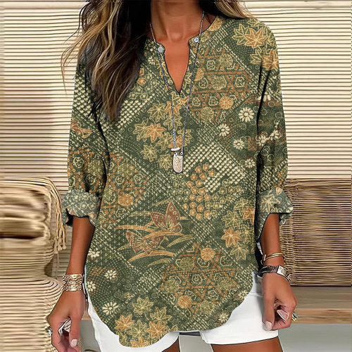 Vintage Japanese Flower Art Print V-Neck Casual Shirt