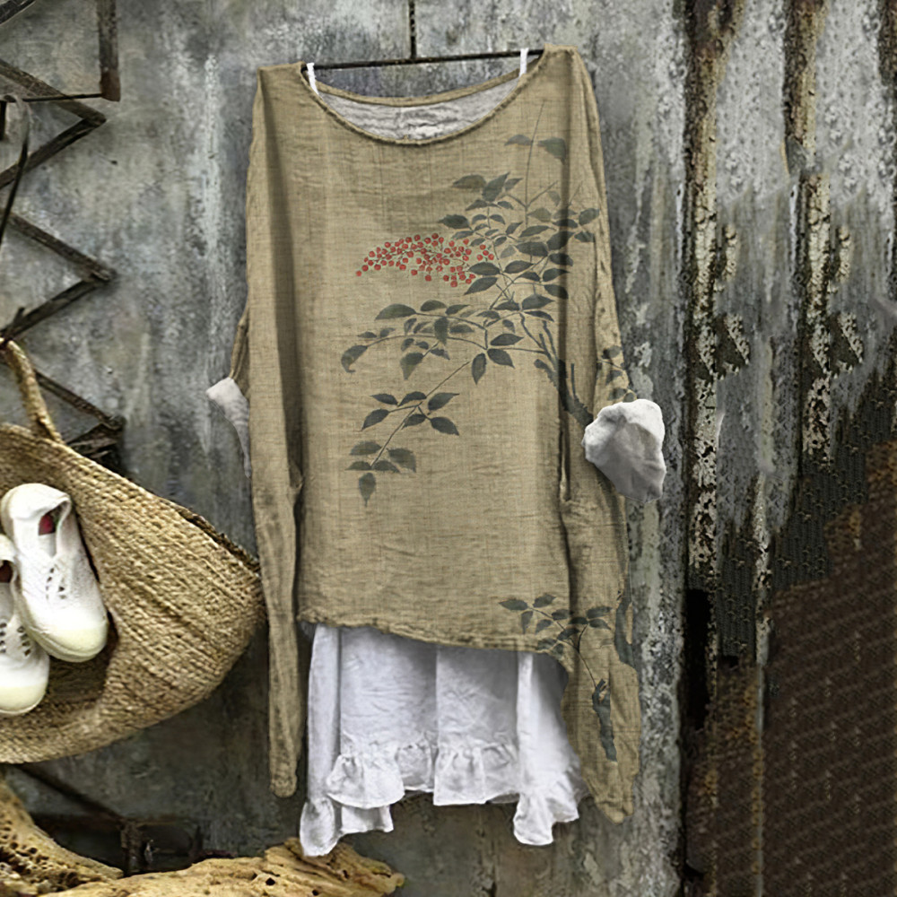 Vintage Japanese Flower Print Round Neck Loose Blouse
