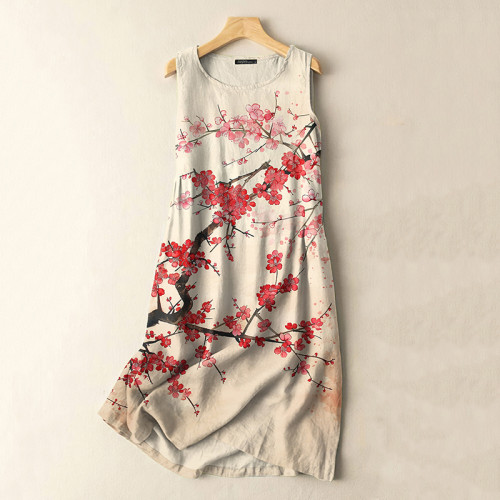 Vintage Japanese Flower Print Sleeveless Cotton And Linen Midi Dress