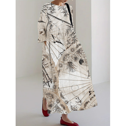 Vintage Japanese Flower & Crane Pattern Linen Blend Maxi Dress