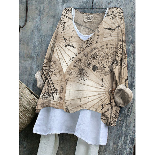 Vintage Japanese Flower & Crane Pattern Linen Blend Tunic