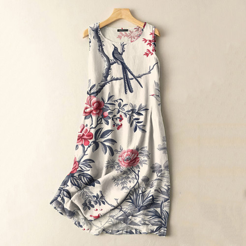 Vintage Japanese Flowers And Birds Print Sleeveless Cotton And Linen Midi Dress