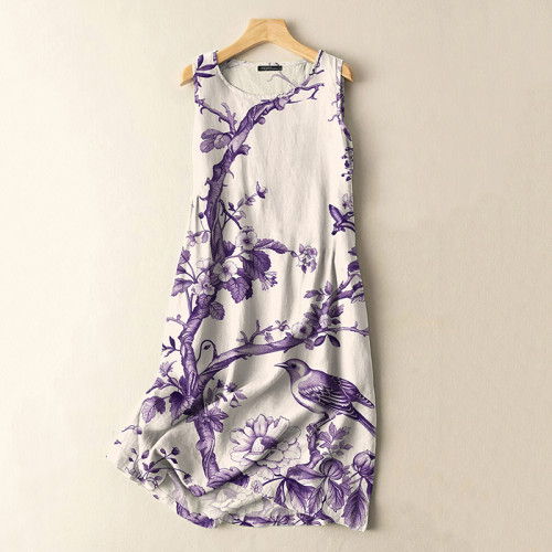 Vintage Japanese Flowers And Birds Print Sleeveless Cotton And Linen Midi Dress
