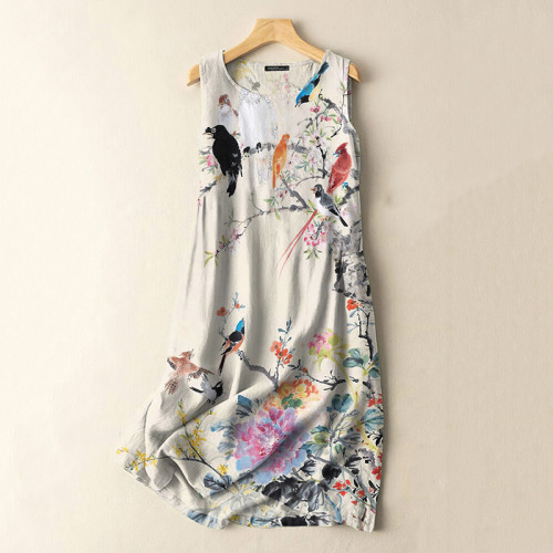 Vintage Japanese Flowers And Birds Print Sleeveless Cotton And Linen Midi Dress