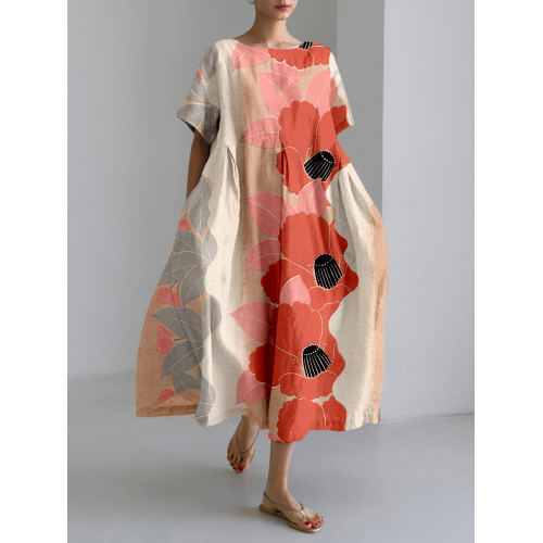 Vintage Japanese Flowers Art Linen Blend Maxi Dress