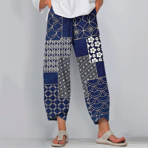 Vintage Japanese Indigo Blooming Traditional Sashiko Patchwork Art Cropped Casual Pants