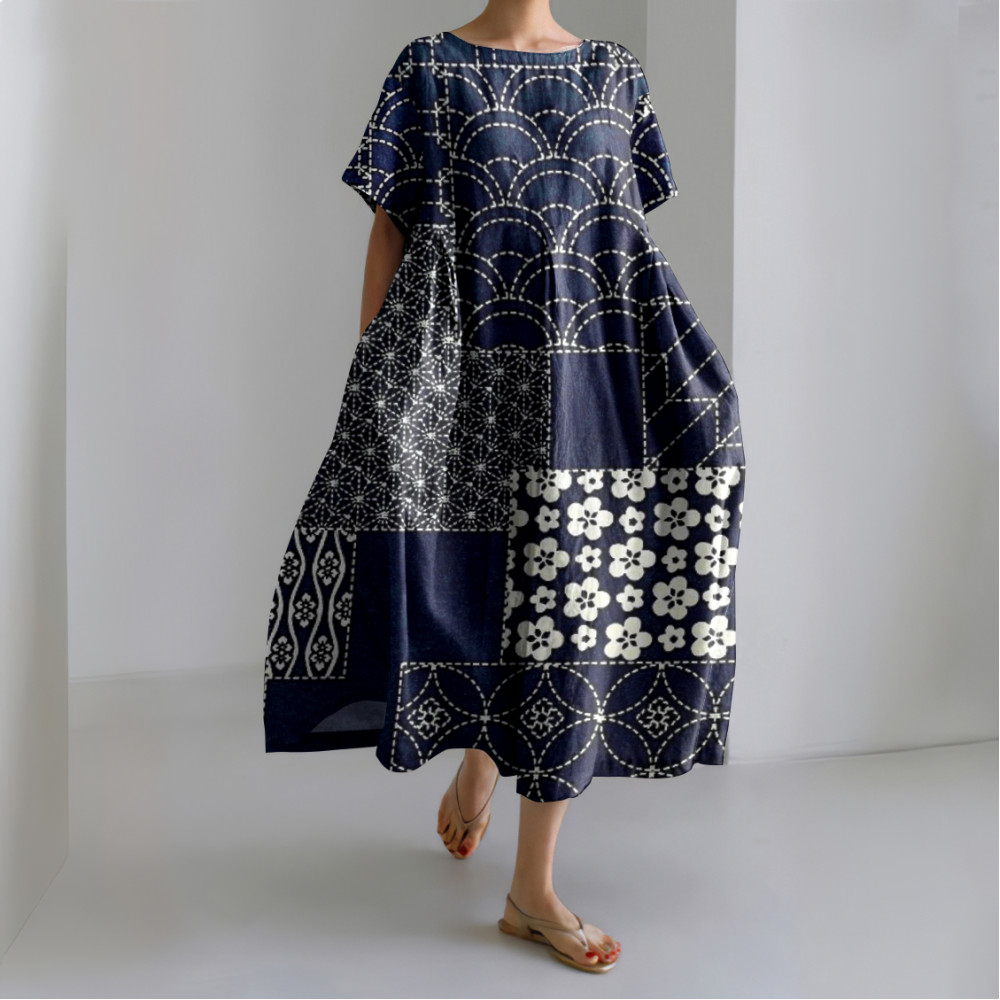 Vintage Japanese Indigo Blooming Traditional Sashiko Patchwork Art Printed Crew Neck Casual Midi Dress