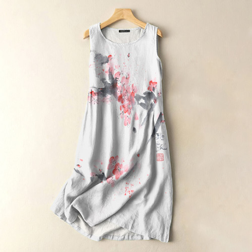 Vintage Japanese Ink Floral Print Sleeveless Cotton And Linen Midi Dress