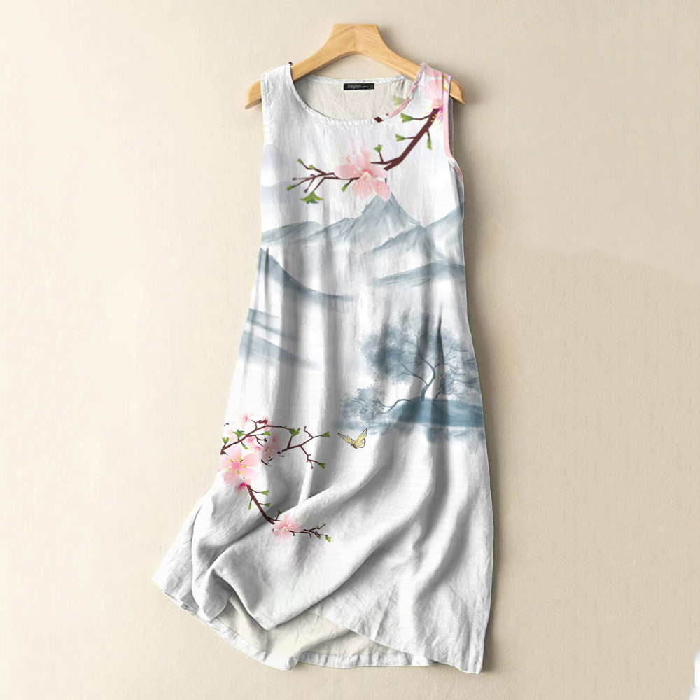 Vintage Japanese Ink Flower Art Print Sleeveless Cotton And Linen Midi Dress