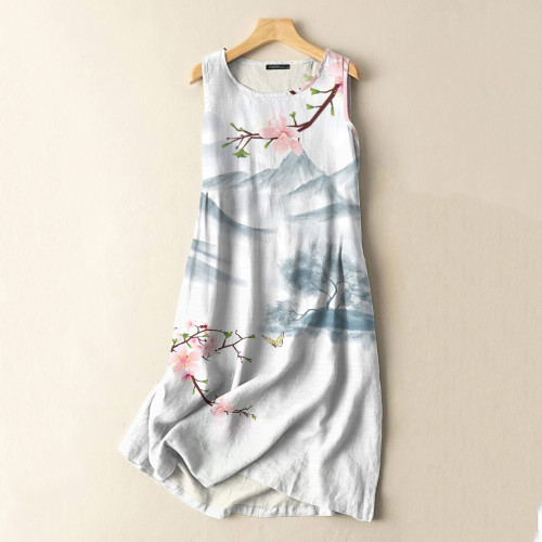 Vintage Japanese Ink Flower Art Print Sleeveless Cotton And Linen Midi Dress