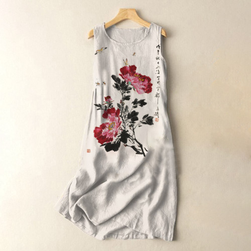 Vintage Japanese Ink Flower Art Print Sleeveless Cotton And Linen Midi Dress