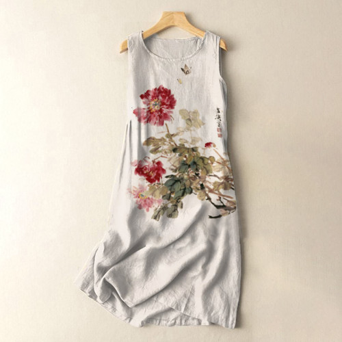 Vintage Japanese Ink Flower Art Sleeveless Cotton And Linen Midi Dress
