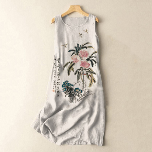 Vintage Japanese Ink Flower Butterfly Art Print Sleeveless Cotton And Linen Midi Dress