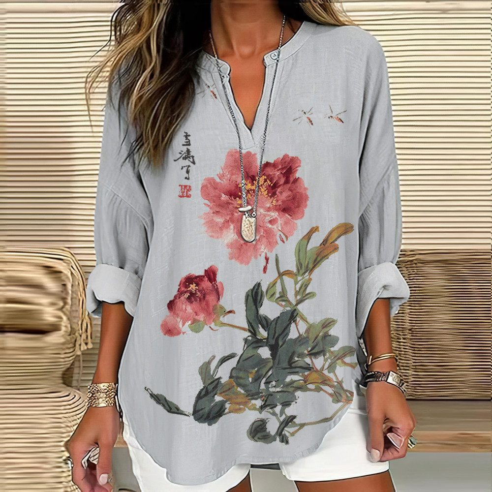 Vintage Japanese Ink Flower Calligraphy Art Print Casual Shirt