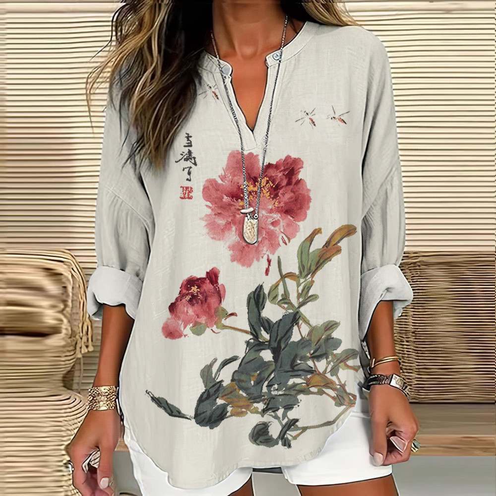 Vintage Japanese Ink Flower Calligraphy Art Print Casual Shirt
