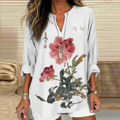 Vintage Japanese Ink Flower Calligraphy Art Print Casual Shirt