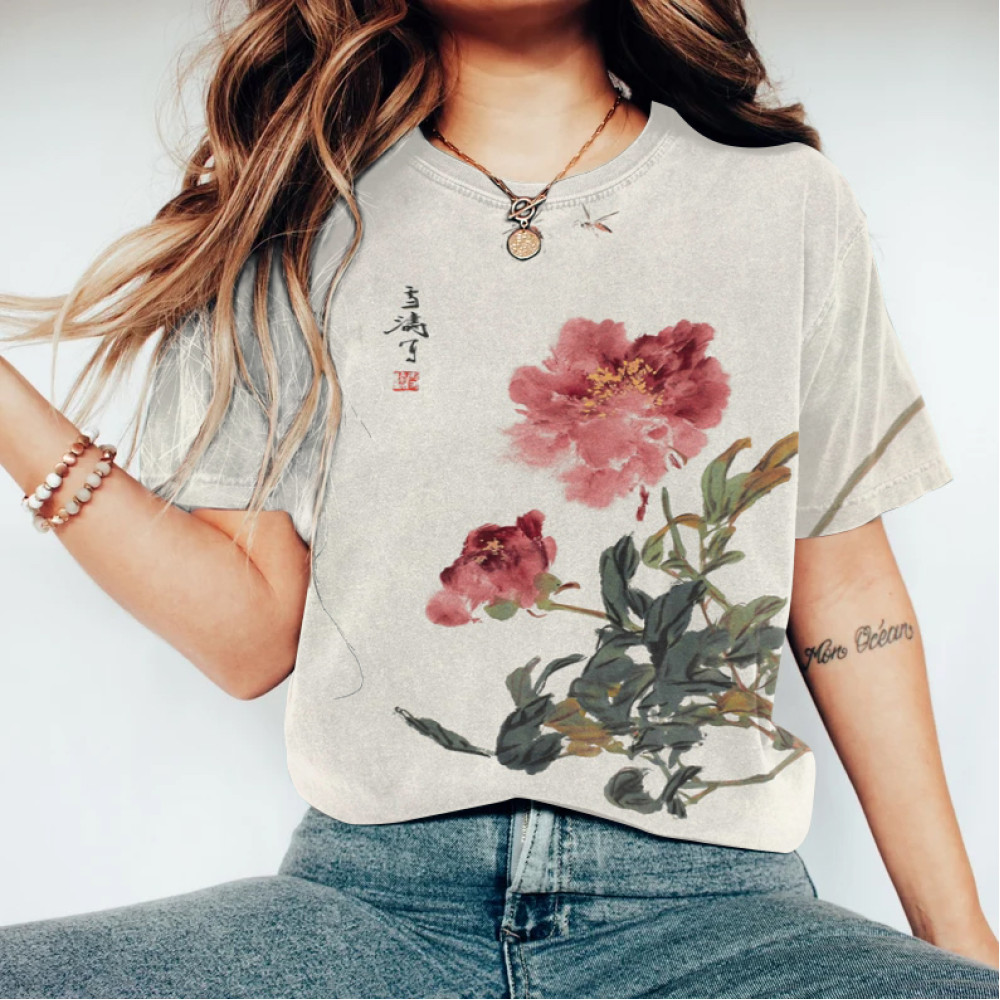 Vintage Japanese Ink Flower Calligraphy Art Print Cotton T-Shirt