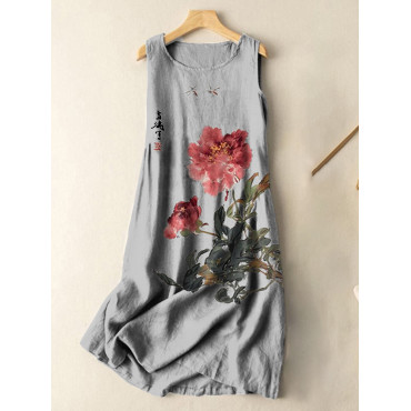 Vintage Japanese Ink Flower Calligraphy Art Print Sleeveless Cotton And Linen Midi Dress