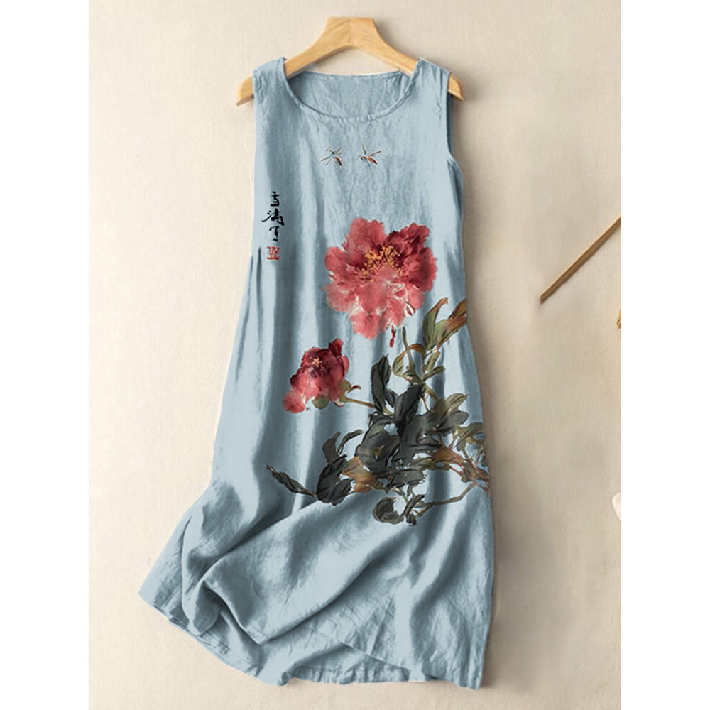 Vintage Japanese Ink Flower Calligraphy Art Print Sleeveless Cotton And Linen Midi Dress