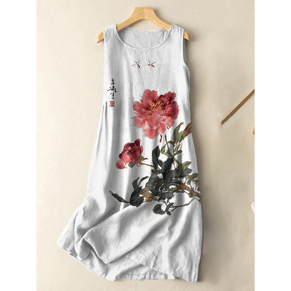 Vintage Japanese Ink Flower Calligraphy Art Print Sleeveless Cotton And Linen Midi Dress