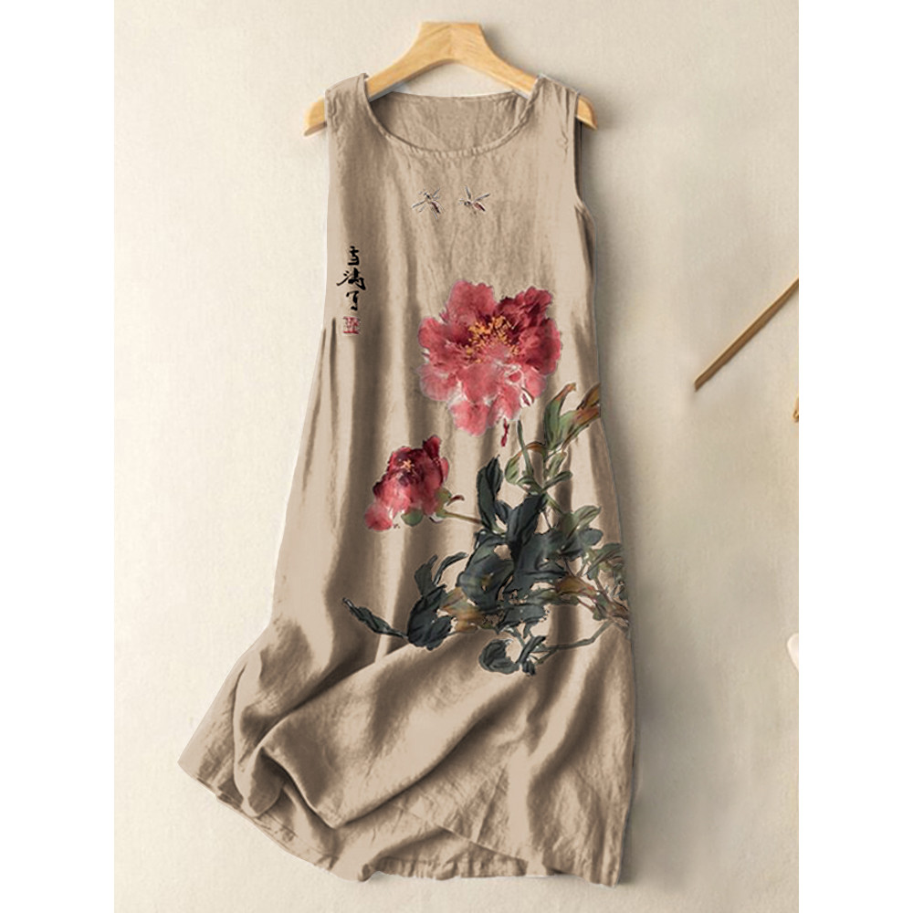 Vintage Japanese Ink Flower Calligraphy Art Print Sleeveless Cotton And Linen Midi Dress