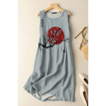 Vintage Japanese Ink Flower Sunrise Art Print Sleeveless Cotton And Linen Midi Dress