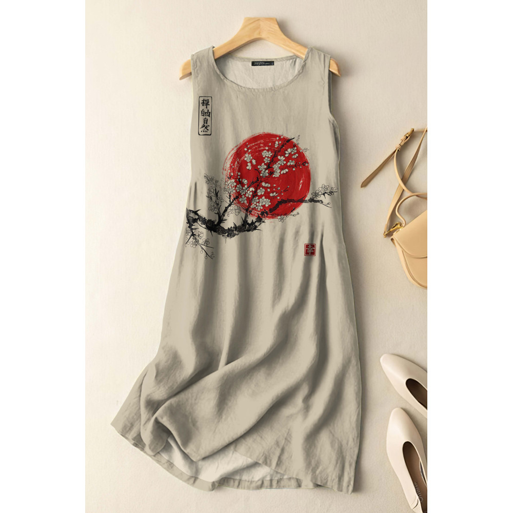 Vintage Japanese Ink Flower Sunrise Art Print Sleeveless Cotton And Linen Midi Dress