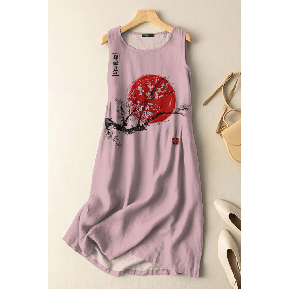 Vintage Japanese Ink Flower Sunrise Art Print Sleeveless Cotton And Linen Midi Dress